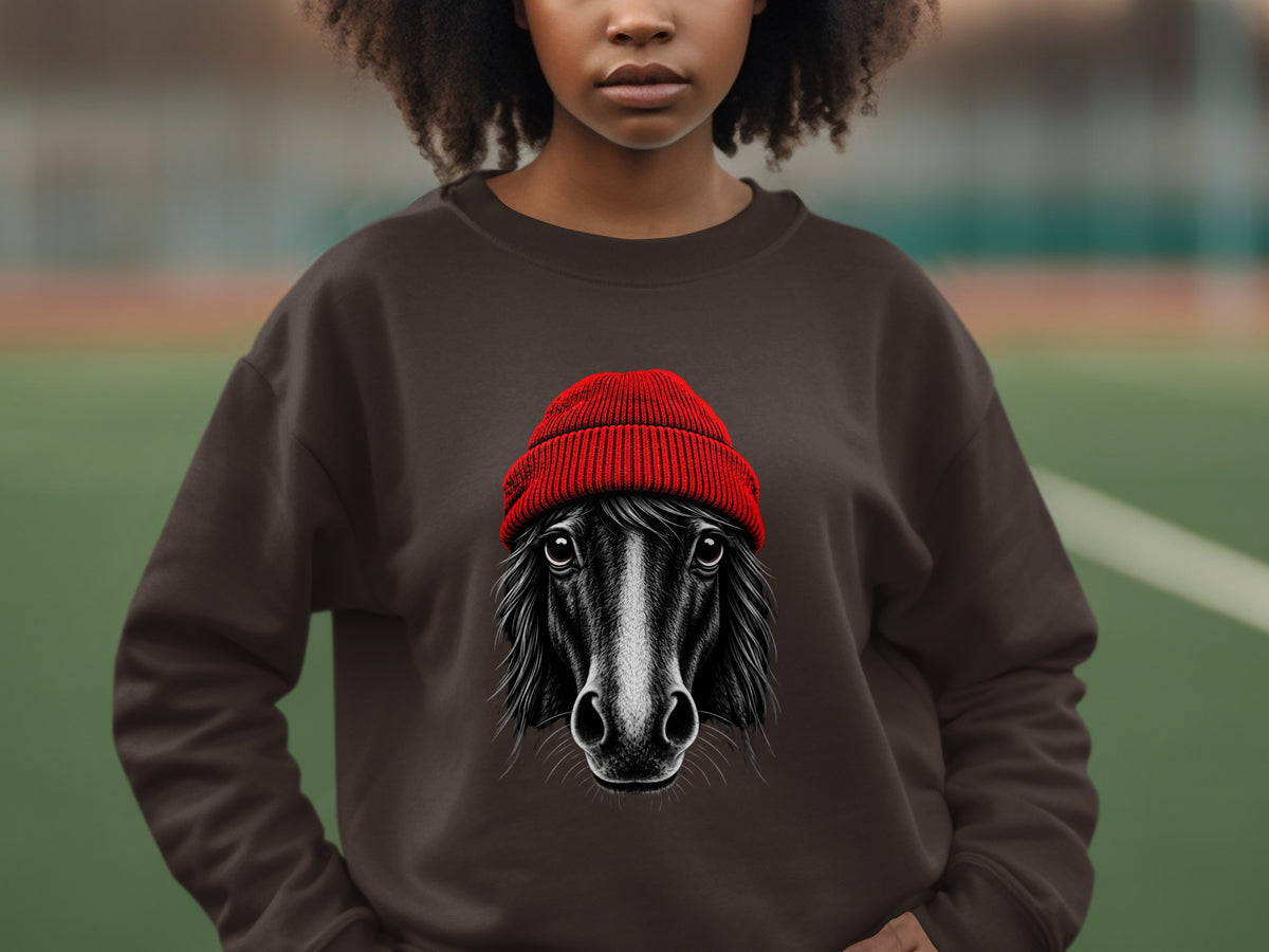 A person wearing a dark brown crewneck sweatshirt featuring an illustration of a horse wearing a red beanie.