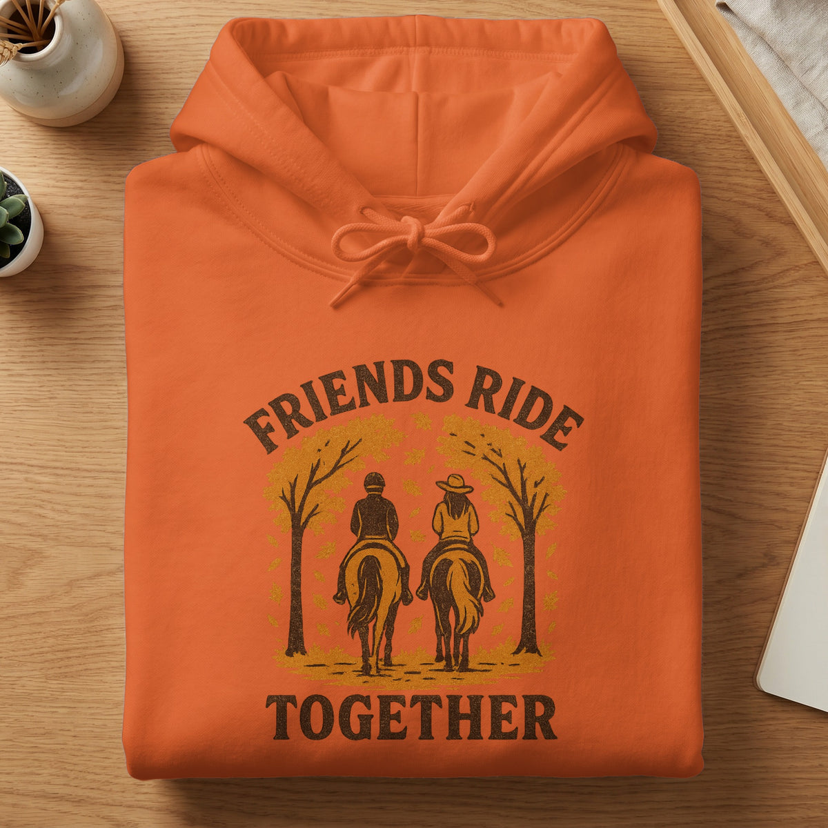 Orange hoodie with "Friends Ride Together" text and two riders on horseback.