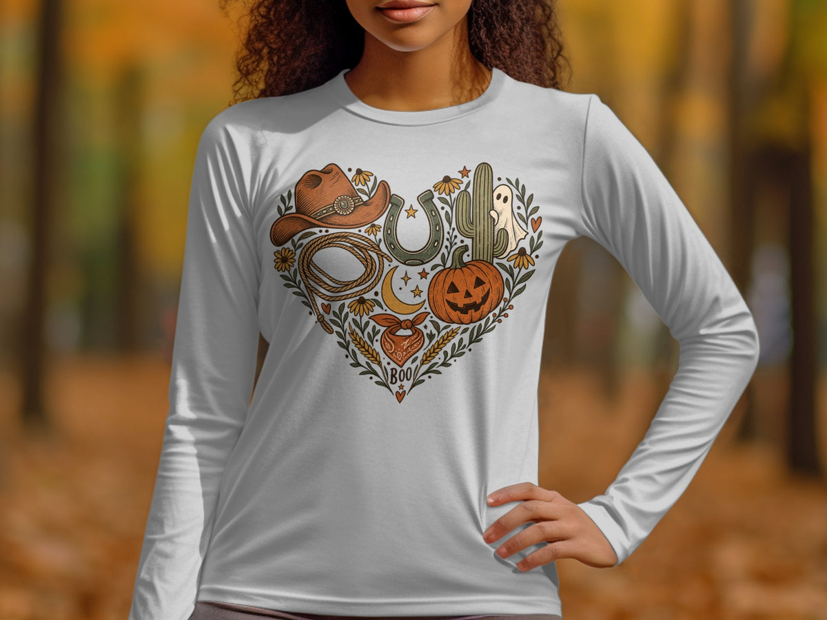 White long-sleeve shirt with a heart-shaped graphic featuring Halloween and Western elements.