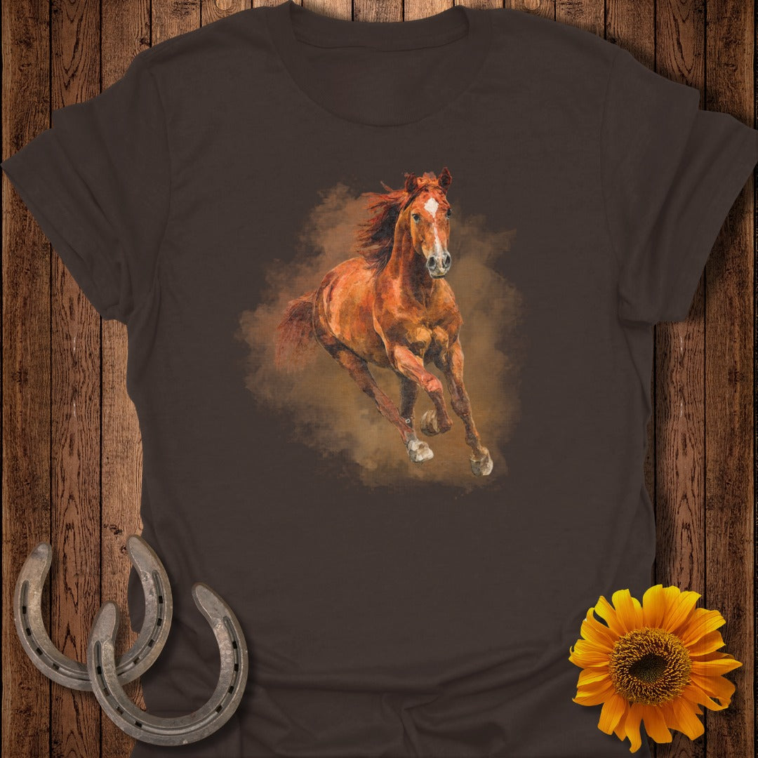 Brown t-shirt featuring a painted brown horse running with a sunflower and horseshoes.