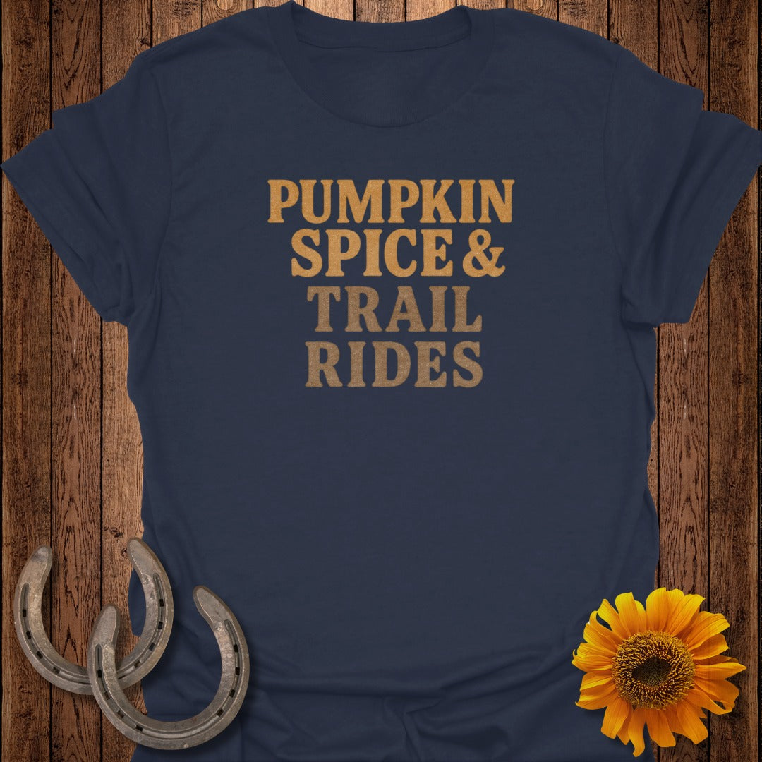 Navy t-shirt with text "Pumpkin Spice & Trail Rides," horseshoes, and sunflower.