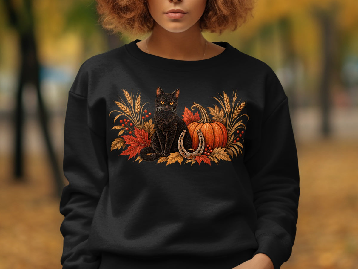 Black cat, pumpkin, horseshoe, and autumn leaves design on a black sweatshirt.