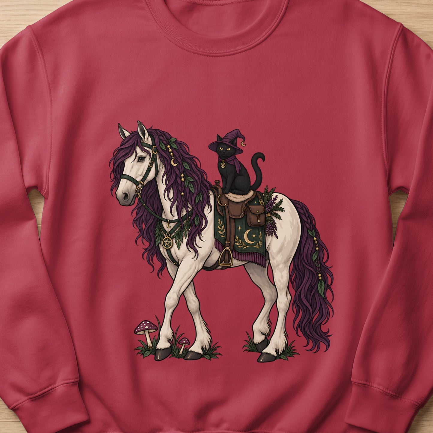 White horse with purple mane and tail, carrying a black cat in a witch hat.