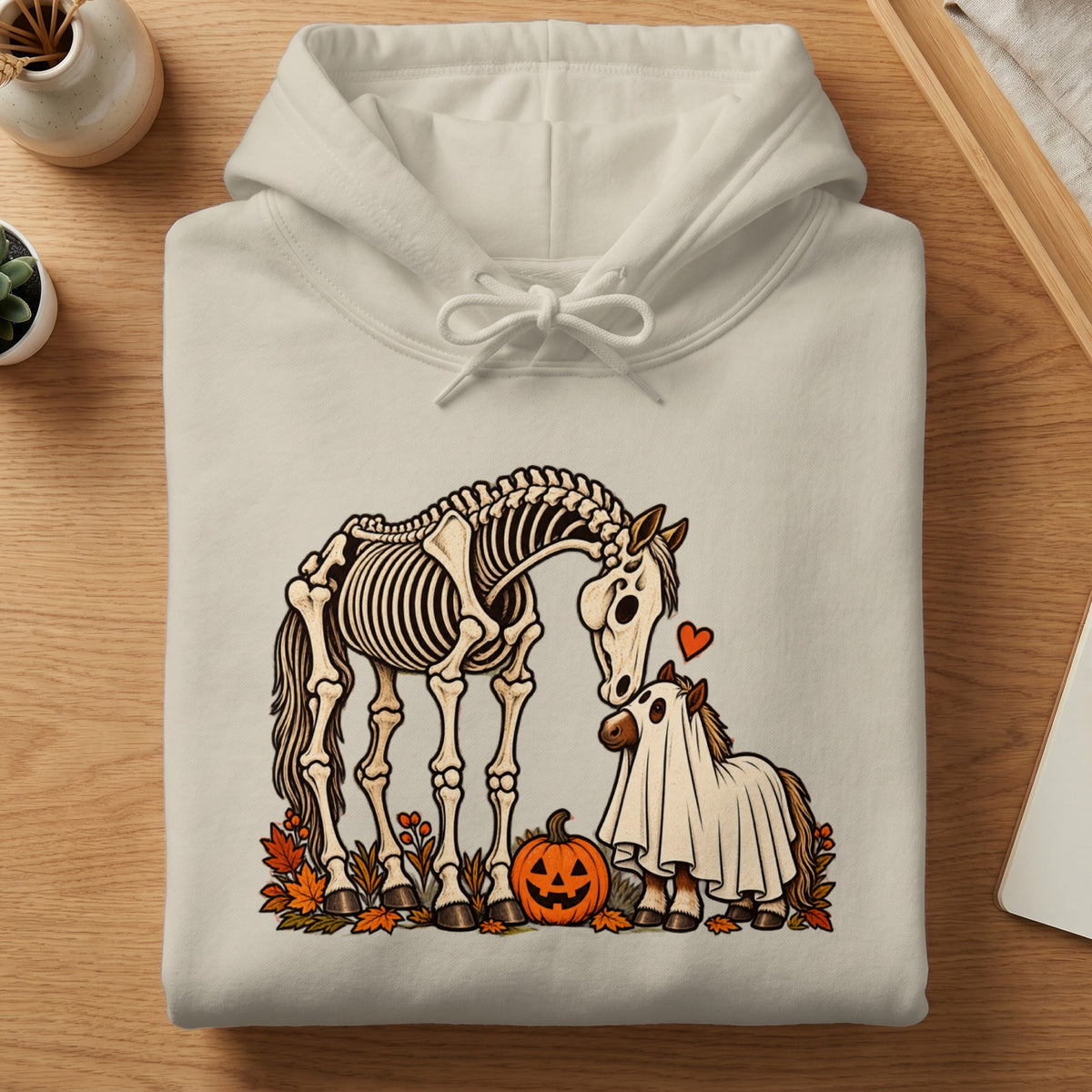 Cream hoodie with skeleton and ghost horse graphic and autumn leaves
