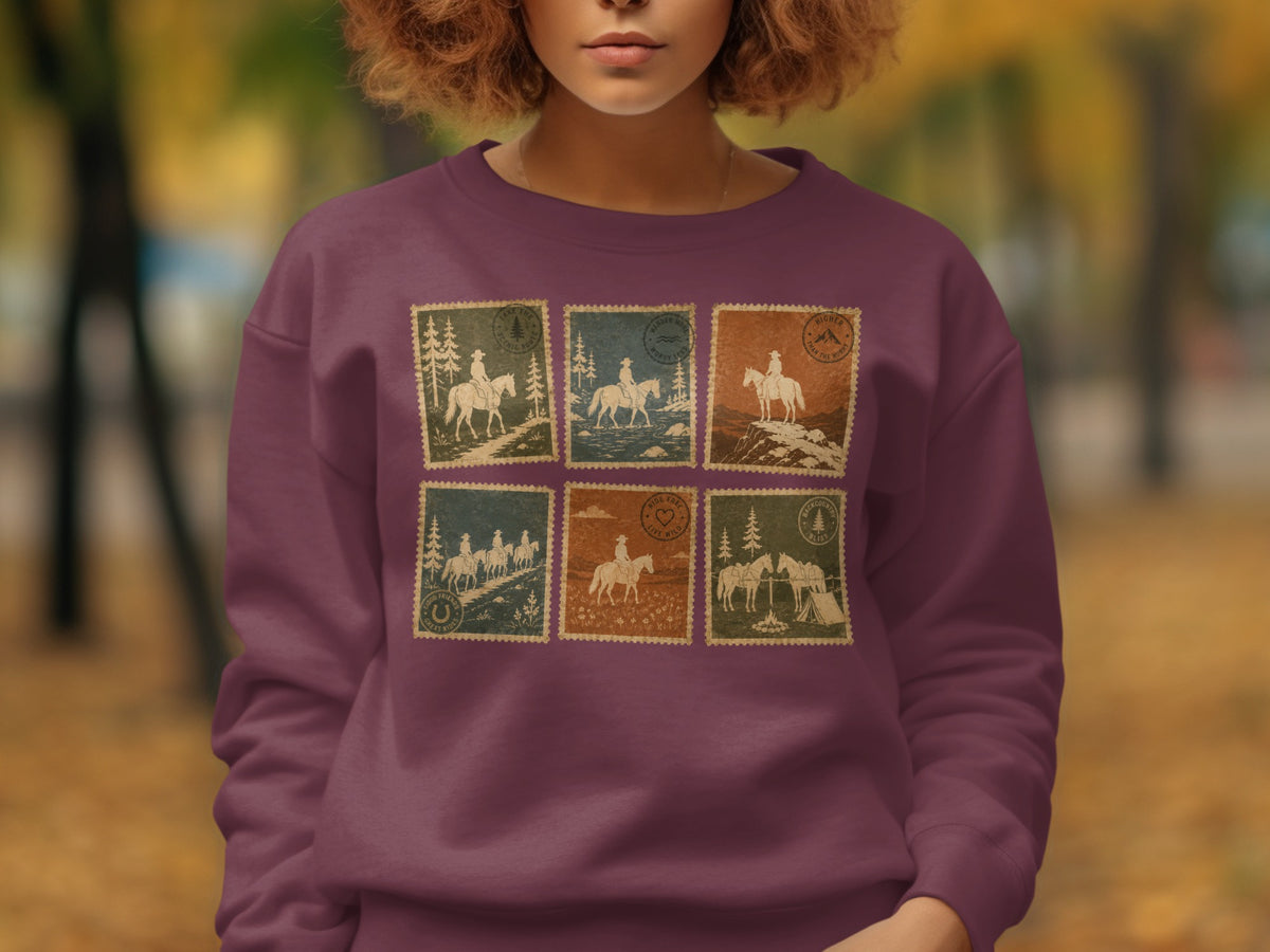 Maroon sweatshirt with six vintage stamp designs featuring horseback riders and nature scenes.
