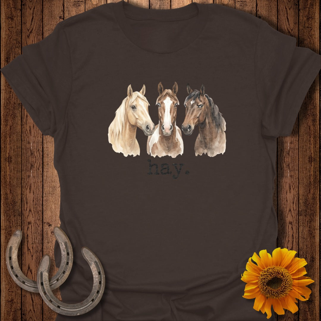 Three watercolor horses with "hay." text above them on a brown t-shirt.