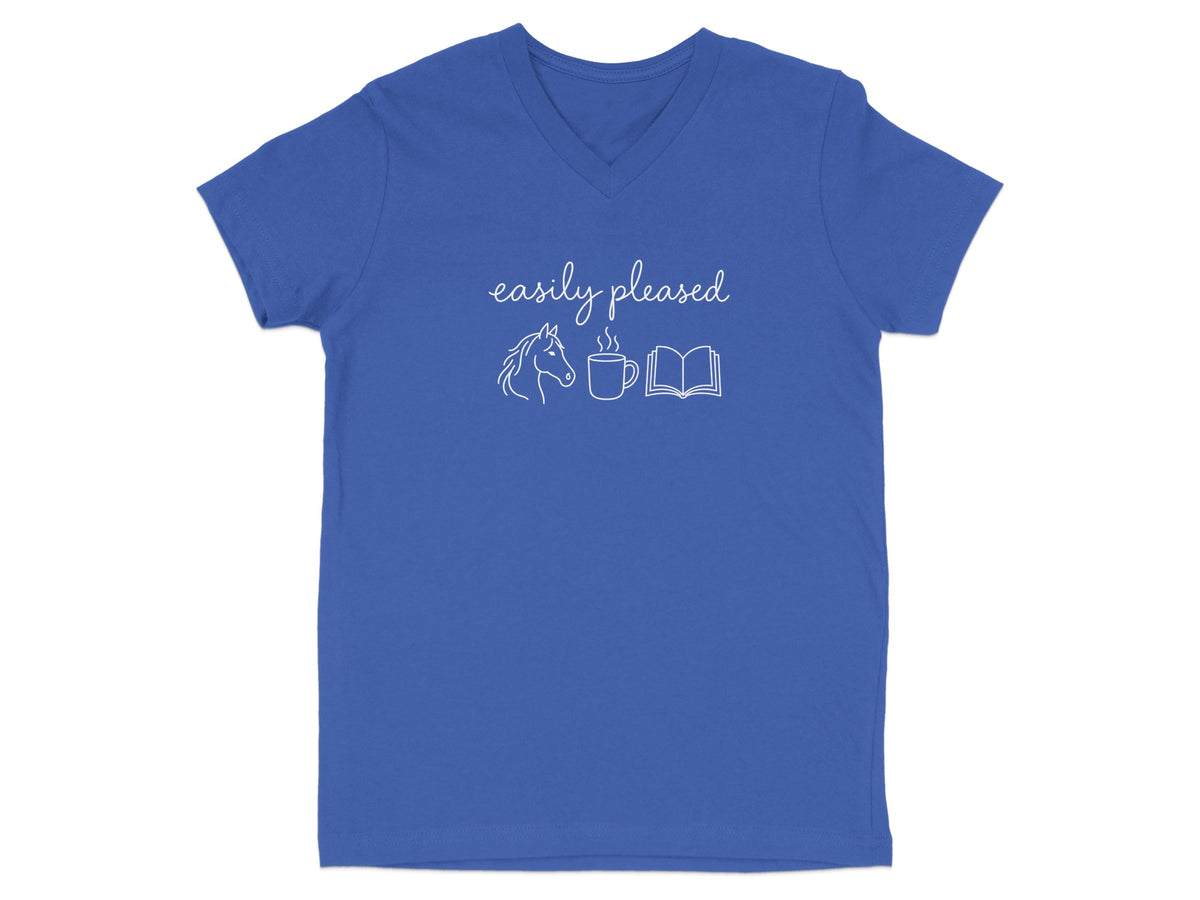 Royal blue v-neck t-shirt with "easily pleased" and horse, coffee, book icons.