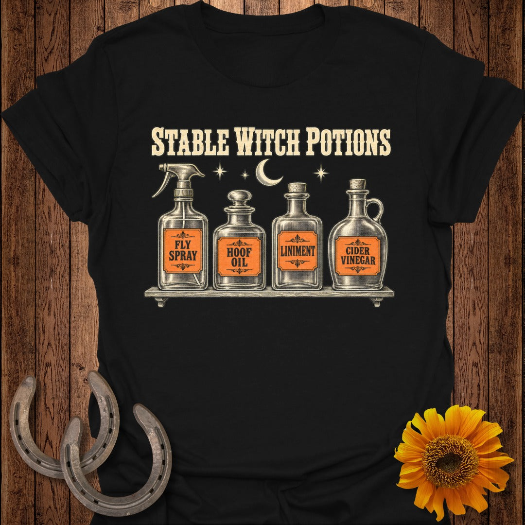 Stable Witch Potions text over four bottles: Fly Spray, Hoof Oil, Liniment, Cider Vinegar.