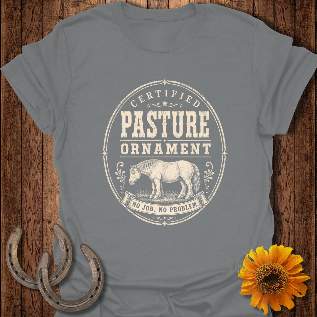 A grey short-sleeve t-shirt features a vintage-style graphic of a horse and the text CERTIFIED PASTURE ORNAMENT NO JOB. NO PROBLEM.