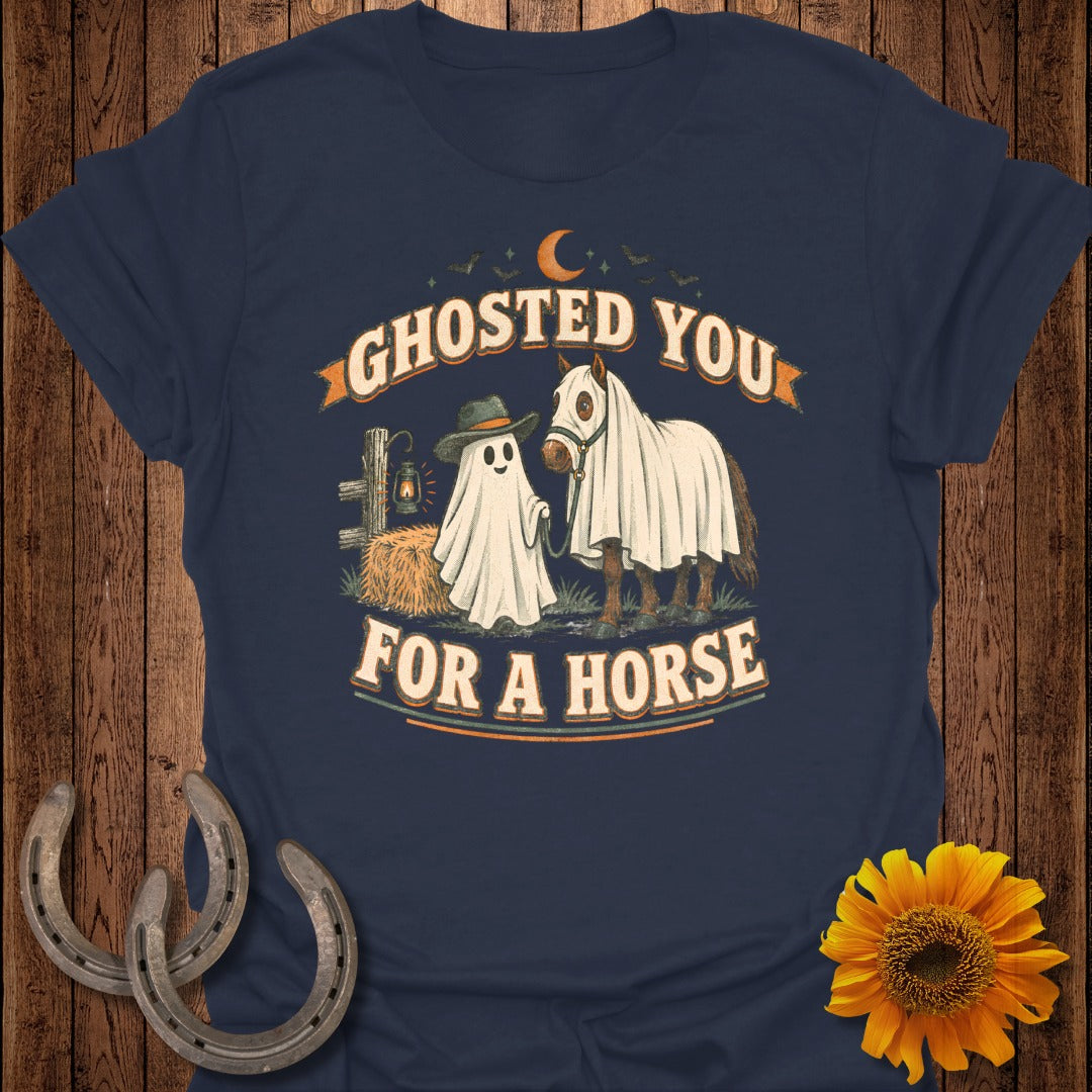 Ghosted you for a horse graphic with ghosts and a horse on a navy shirt.