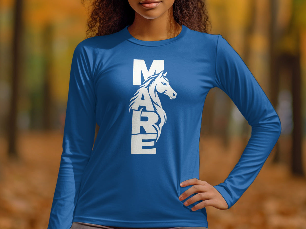 A person wearing a royal blue long-sleeve shirt with a white graphic of a horse and the word "MARE".