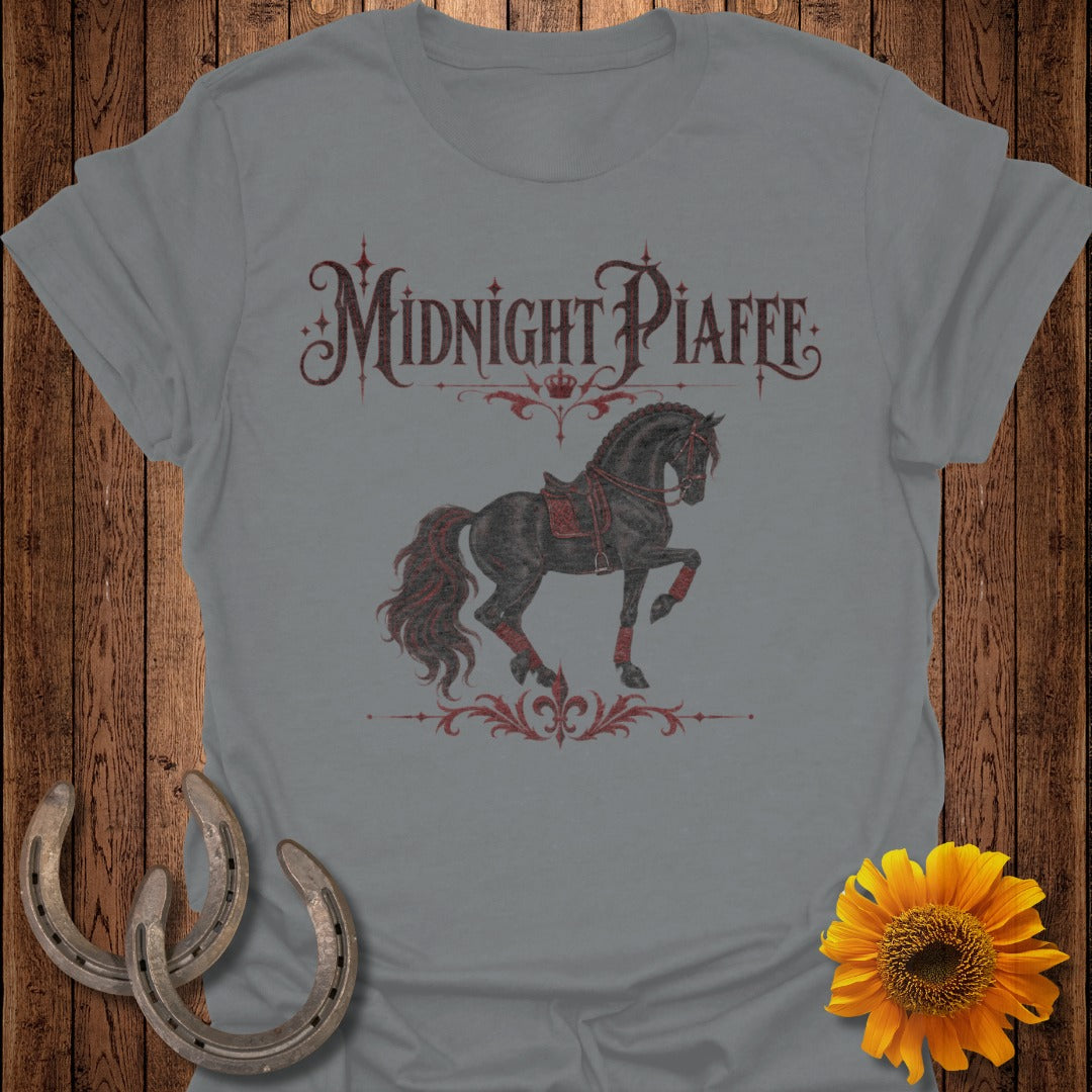 Grey t-shirt with "Midnight Piaffe" text and a black horse graphic.