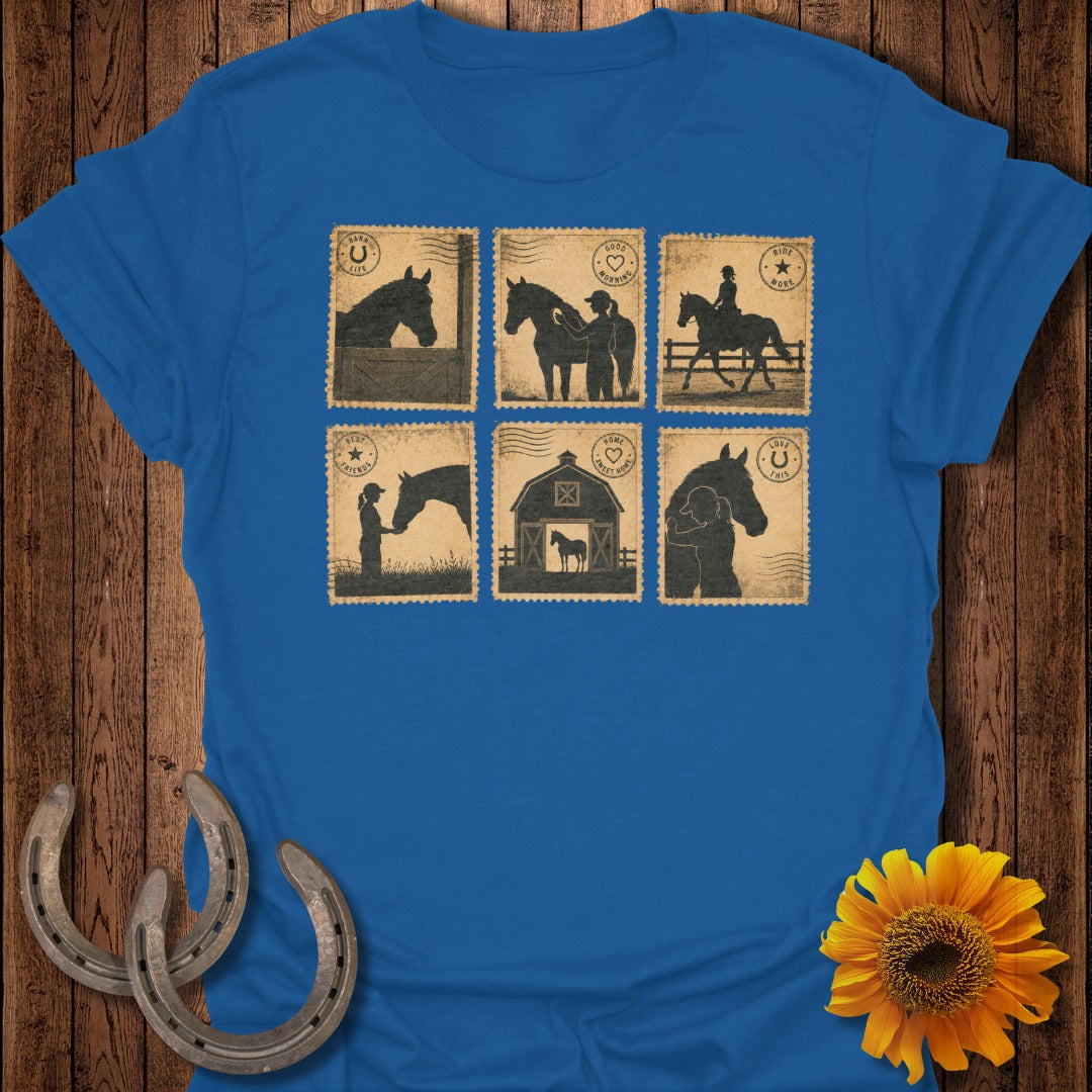 Blue t-shirt with six postage stamp-style horse illustrations.