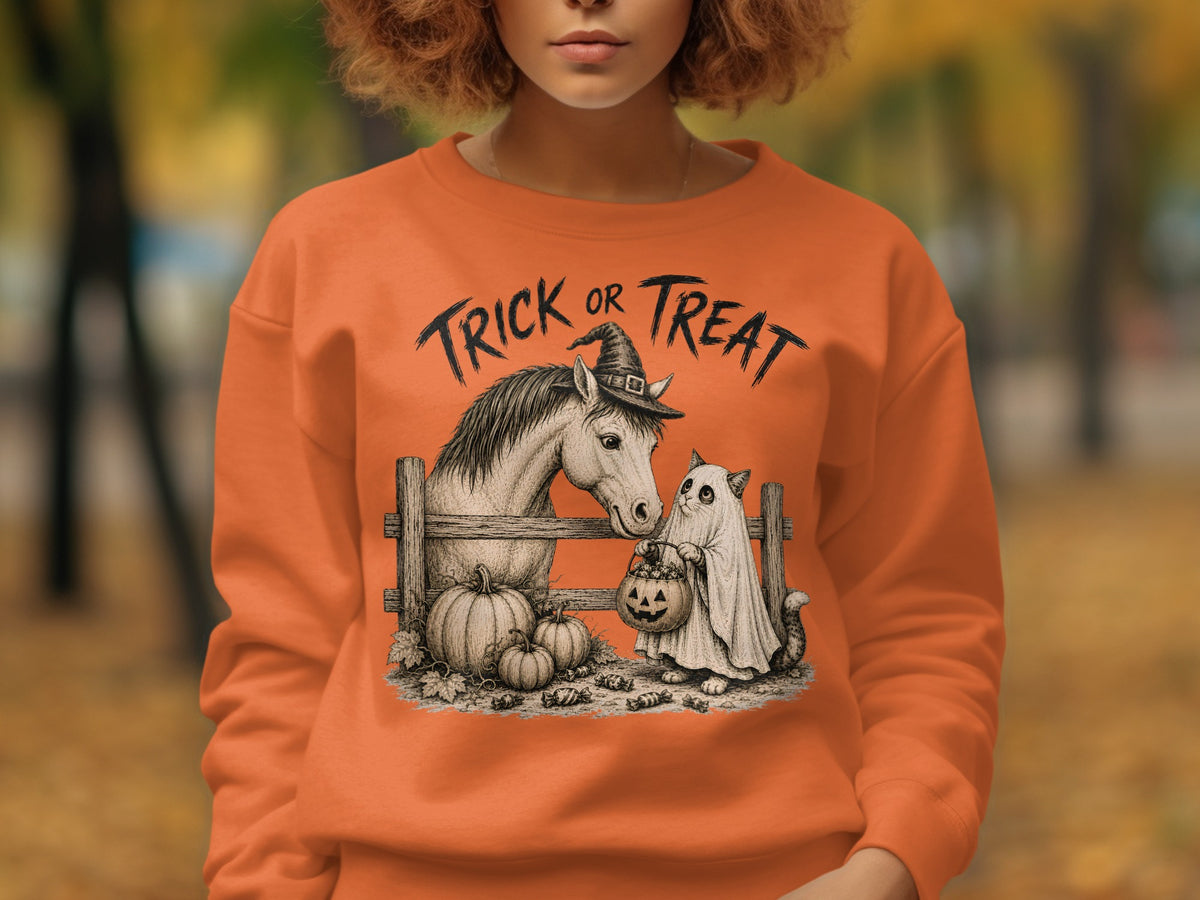 Horse and cat in costume with pumpkins and candy, "Trick or Treat" text.