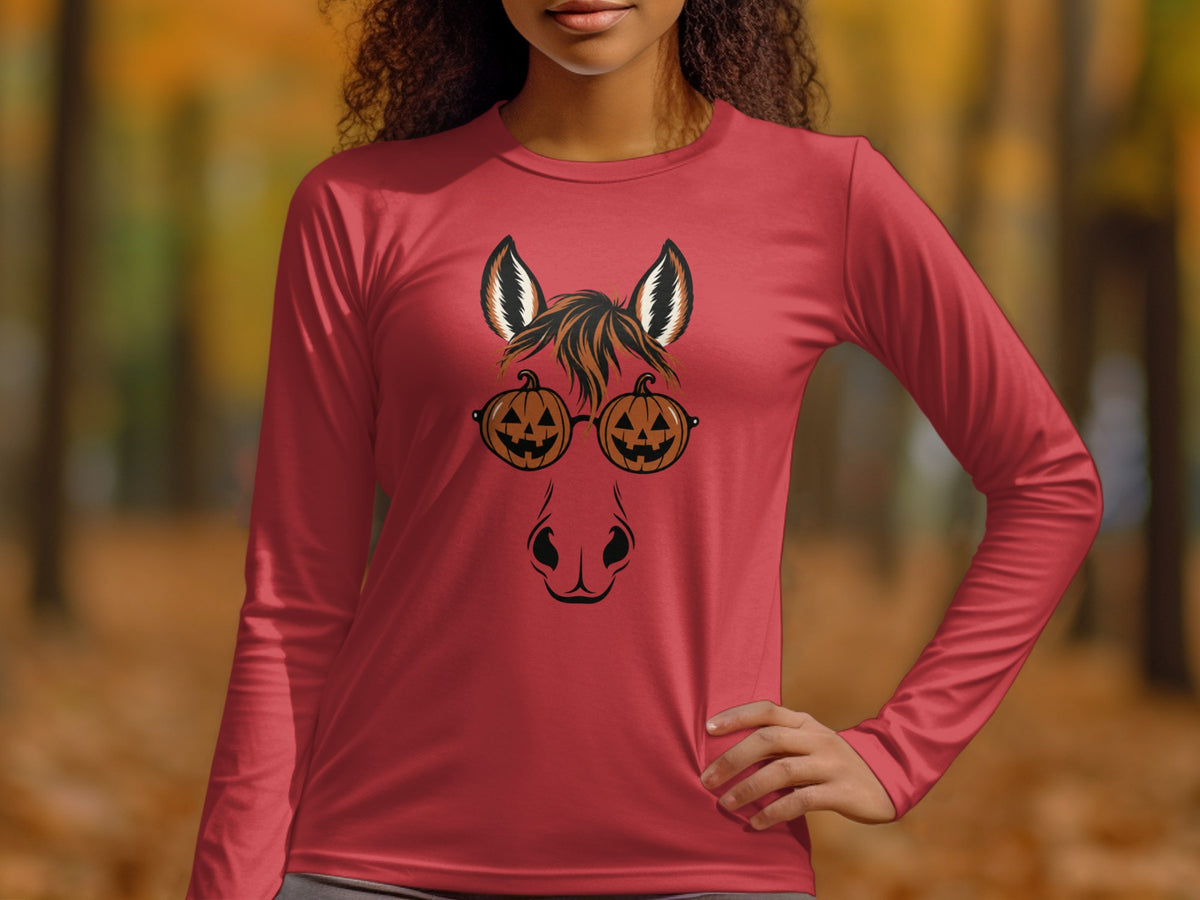 Red long-sleeve shirt with a horse face design wearing pumpkin glasses.