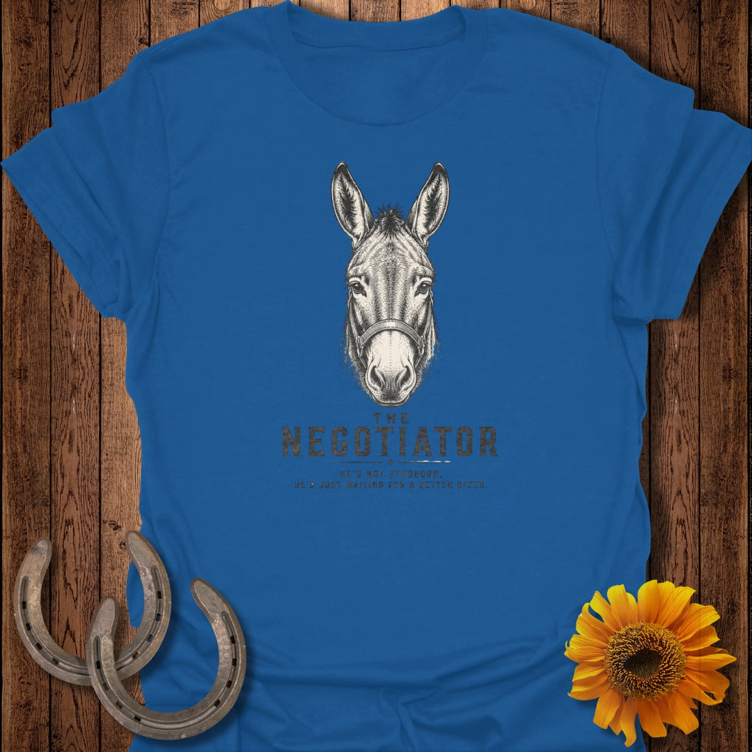 Blue t-shirt with a donkey and "The Negotiator" text.
