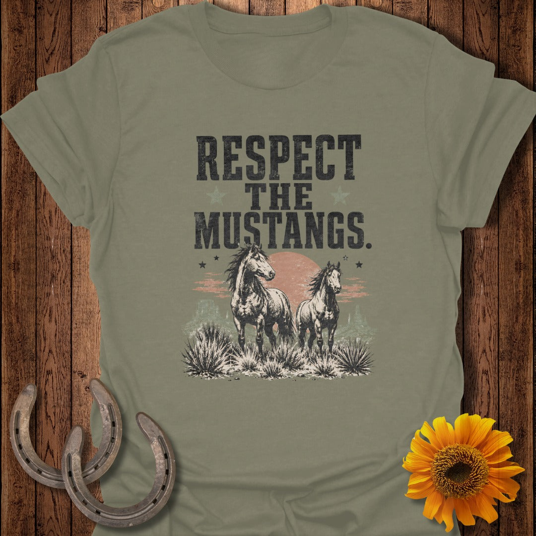 Olive t-shirt with "Respect the Mustangs" text and two horses.