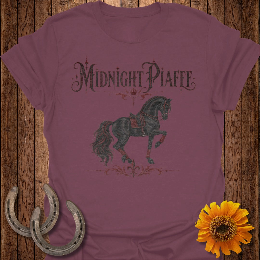 Burgundy t-shirt with a black horse and "Midnight Piaffe" text.