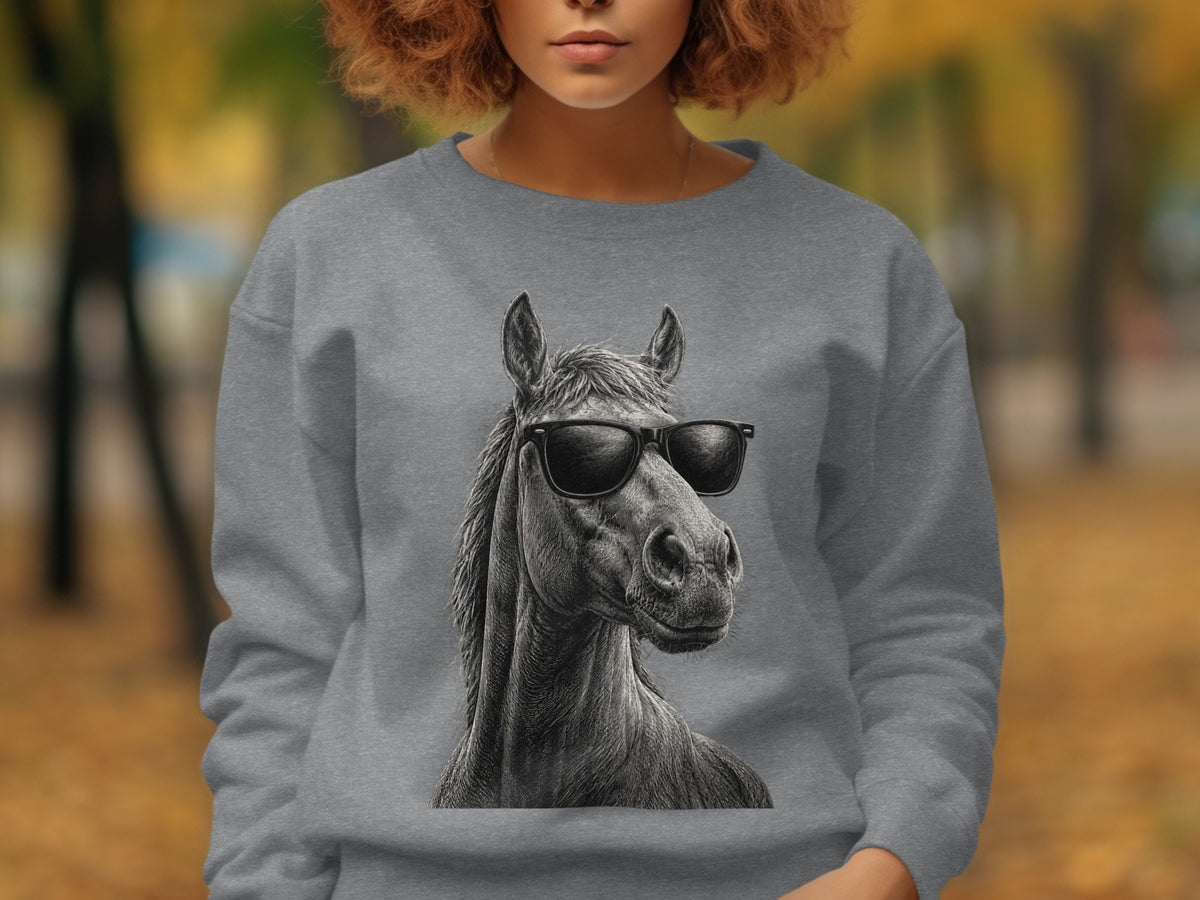 Grey sweatshirt with a detailed black and white illustration of a horse wearing sunglasses.