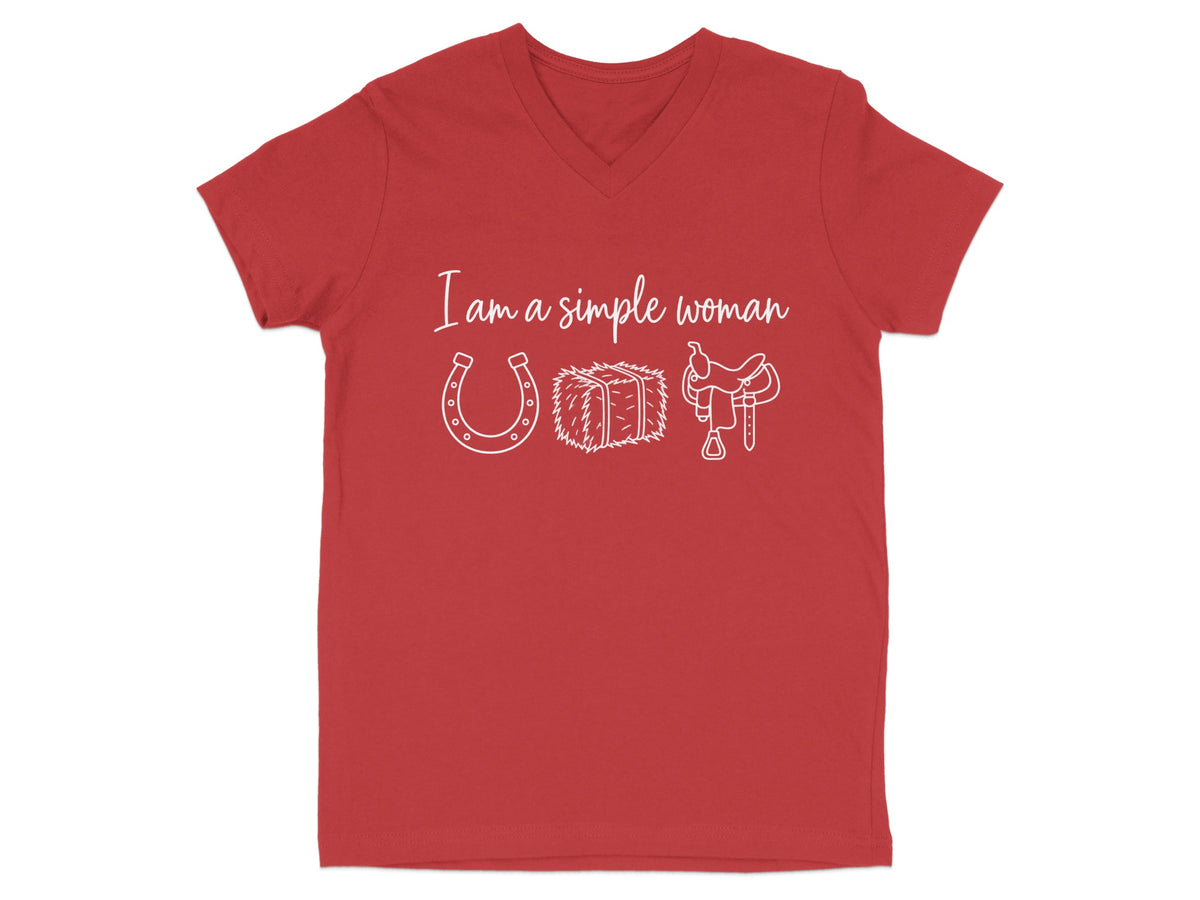 Red v-neck t-shirt with white text "I am a simple woman" and graphic of horseshoe, hay bale, and saddle.