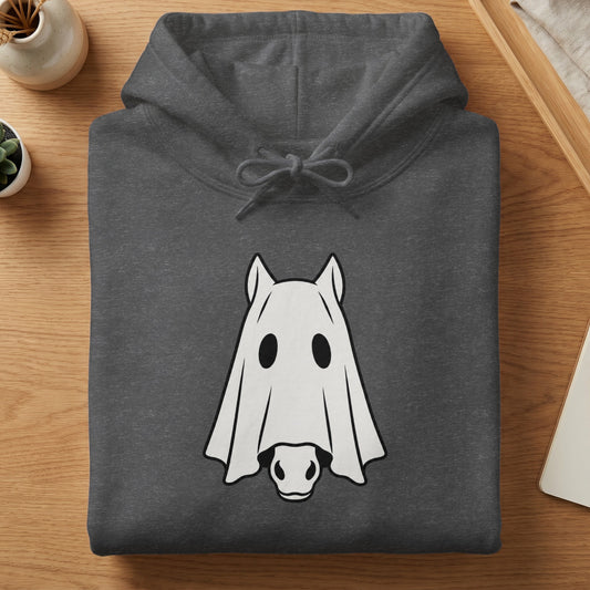 Dark gray hoodie with a white ghost horse graphic on the chest.