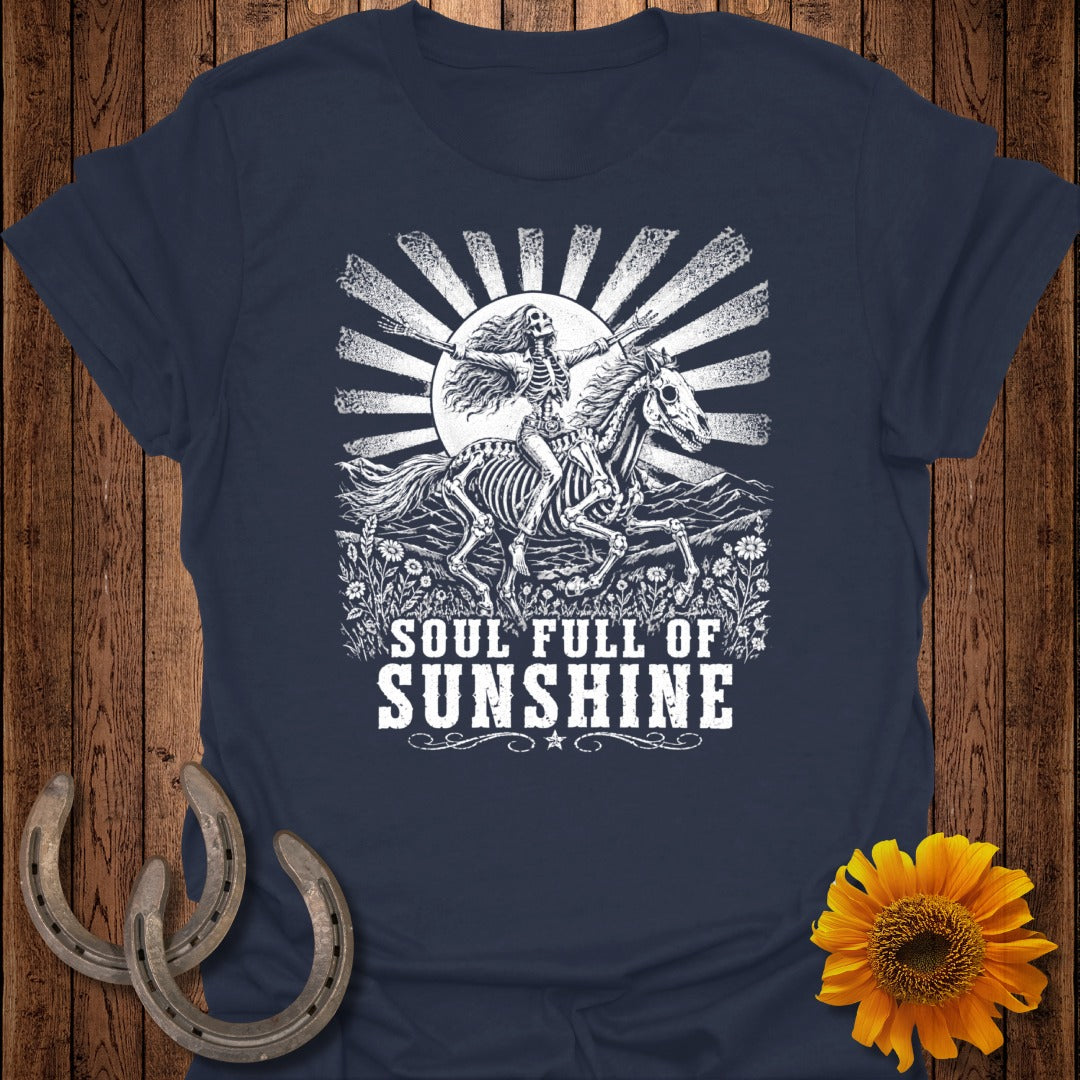 Navy t-shirt with skeleton riding horse and "Soul Full of Sunshine" text.