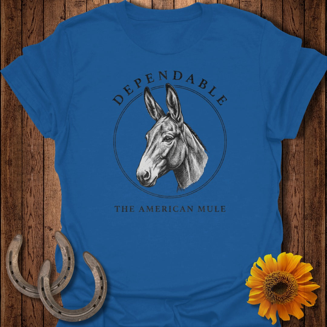 Blue t-shirt with a drawing of a mule's head and "Dependable The American Mule".
