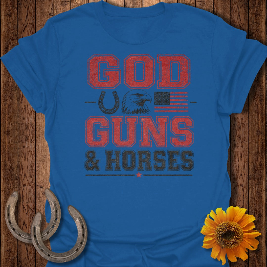 Blue t-shirt with "God, Guns & Horses" text and patriotic eagle graphic.