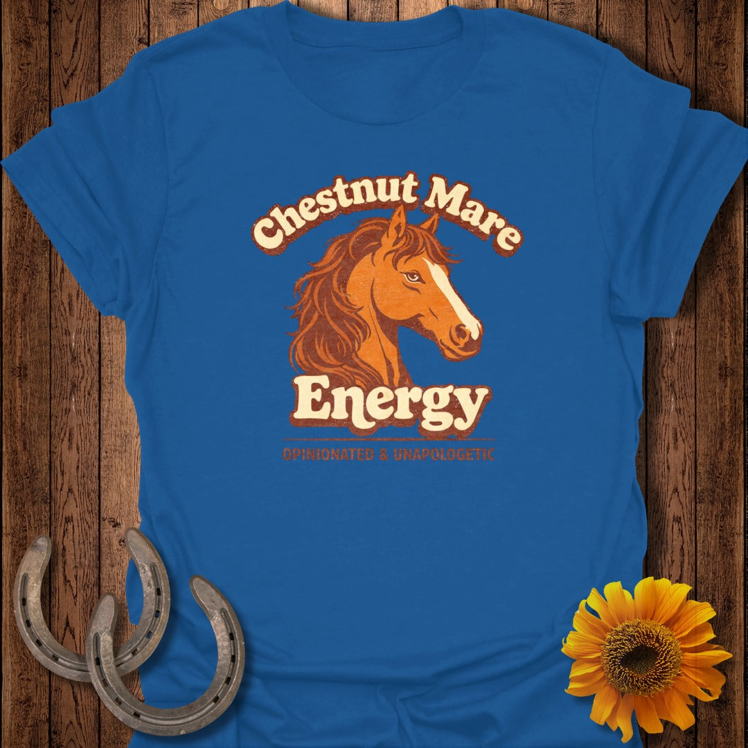 Blue t-shirt with a chestnut horse head and "Chestnut Mare Energy" text.