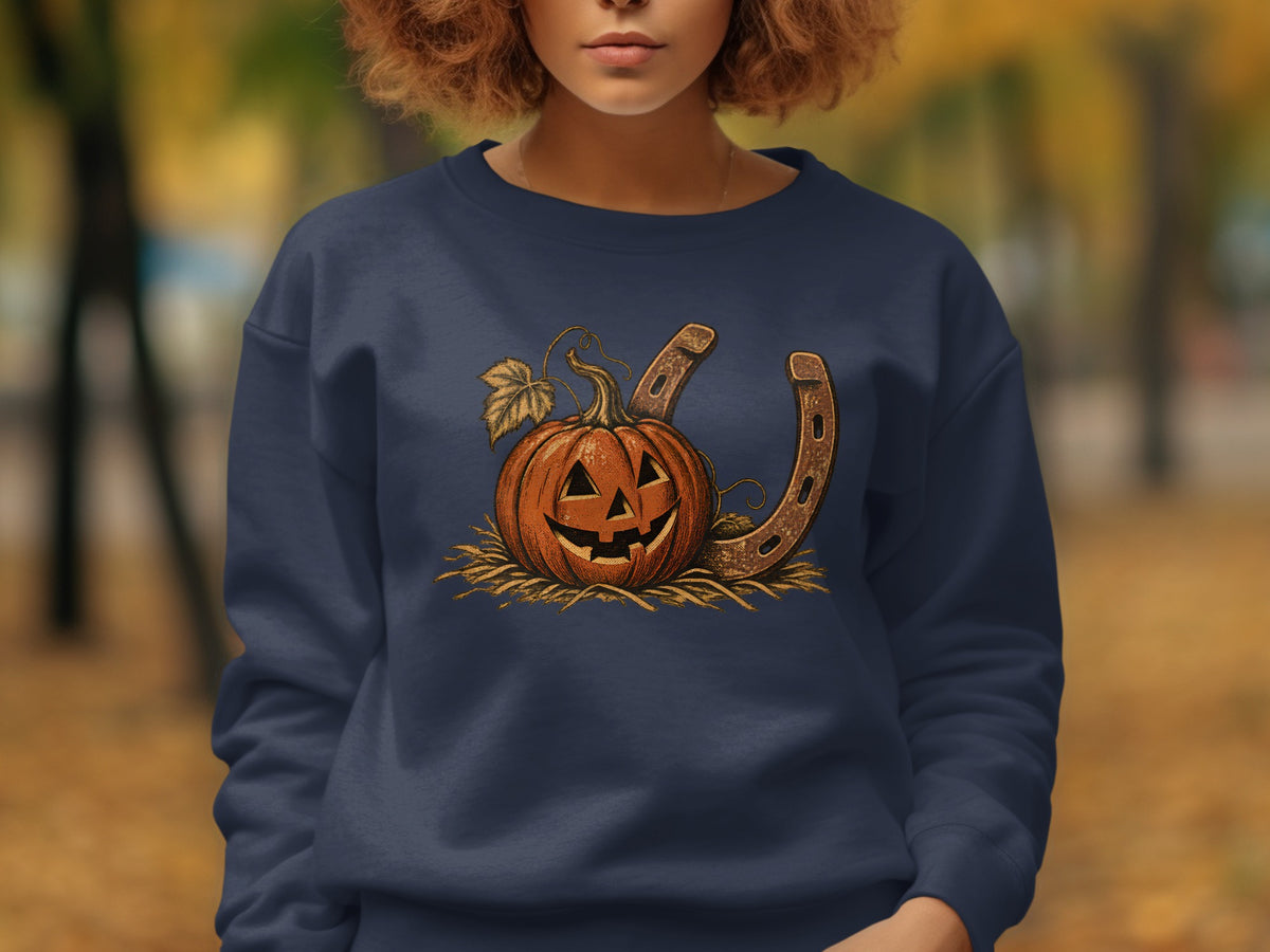 Navy sweatshirt with a vintage jack-o'-lantern and horseshoe Halloween graphic.