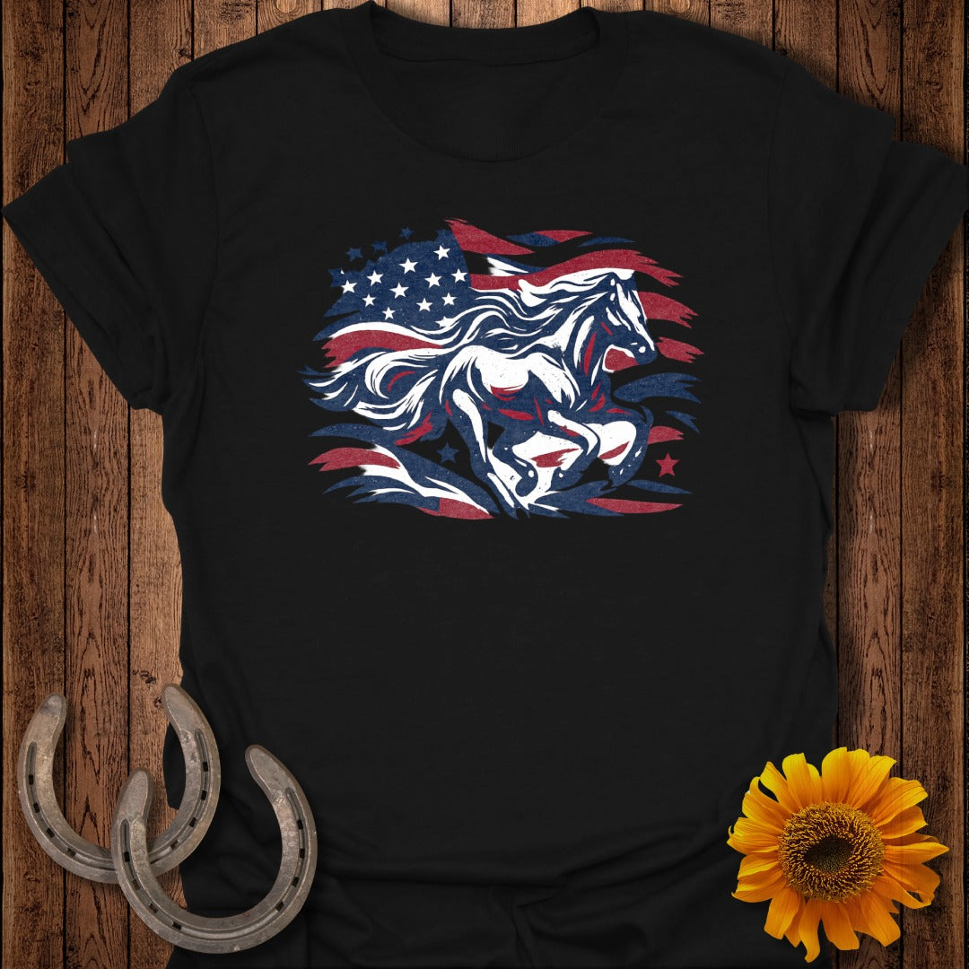 Black t-shirt with distressed American flag and running horse design.