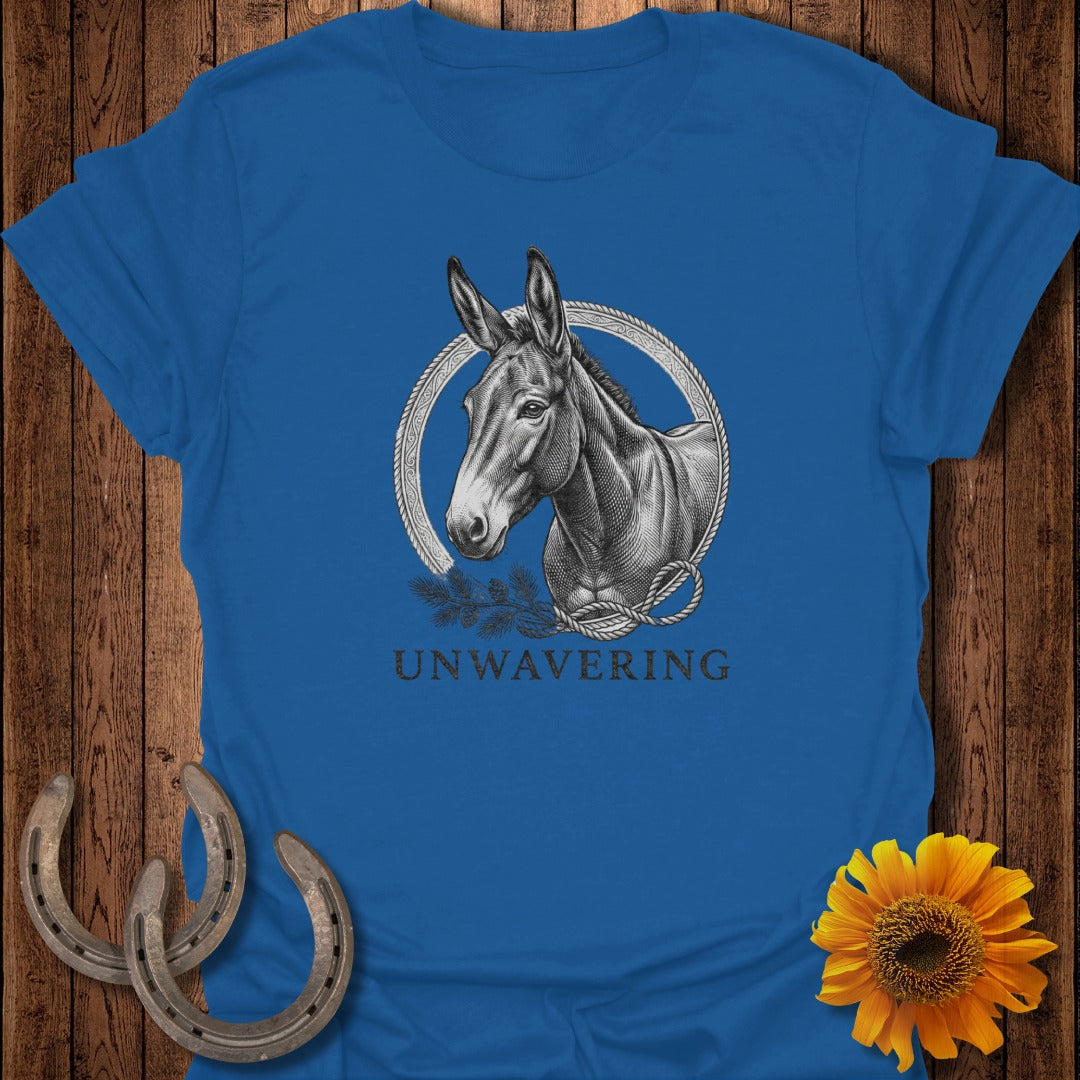 Blue t-shirt with a donkey head in a rope circle, "UNWAVERING" text.