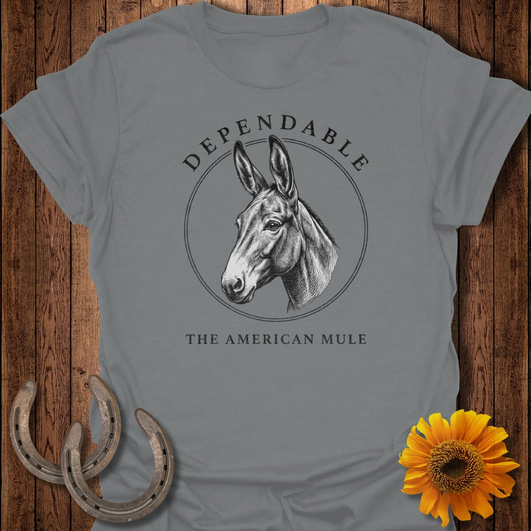 Grey t-shirt with a black and white sketch of a mule's head within a circle.