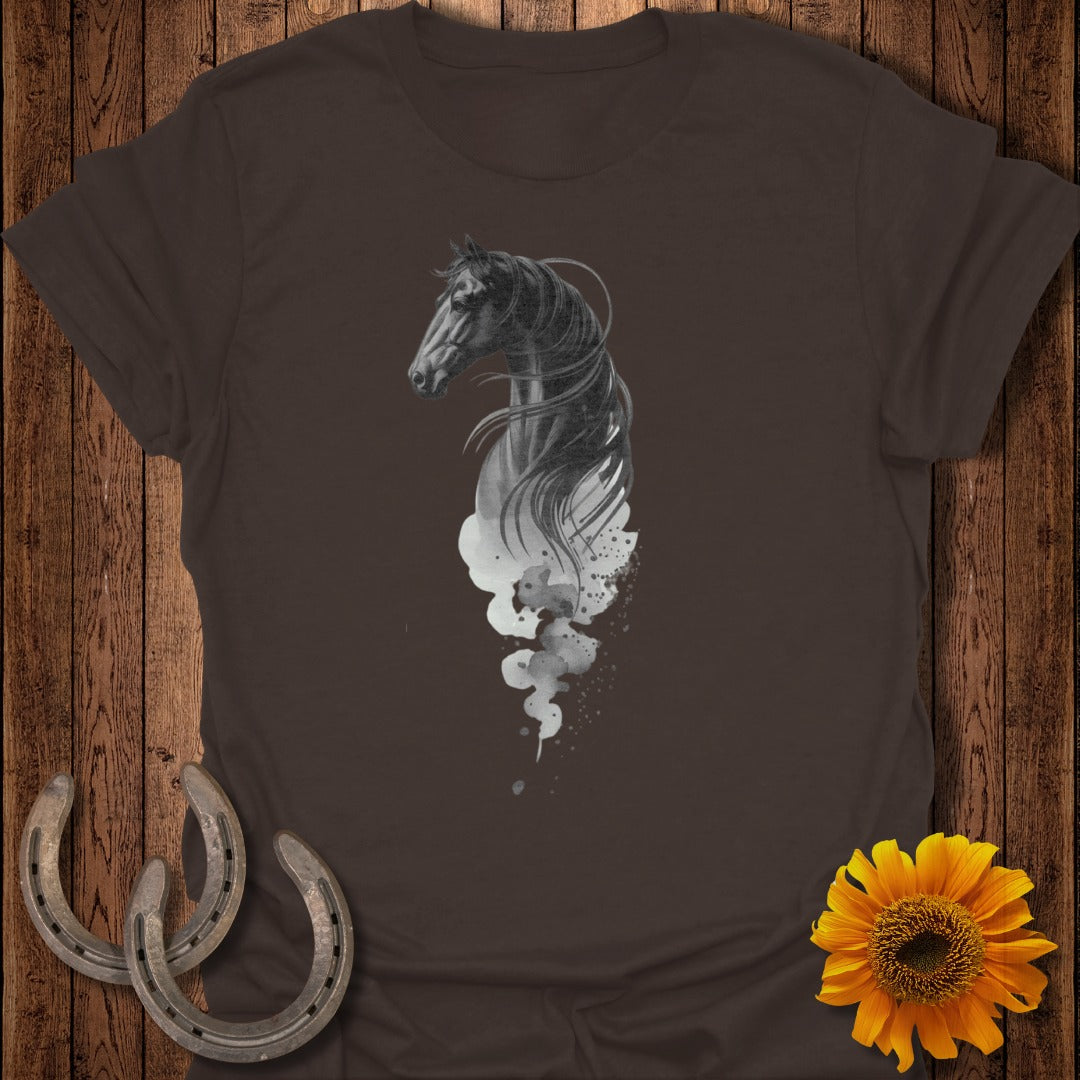 Dark t-shirt with a stylized horse and smoke design.