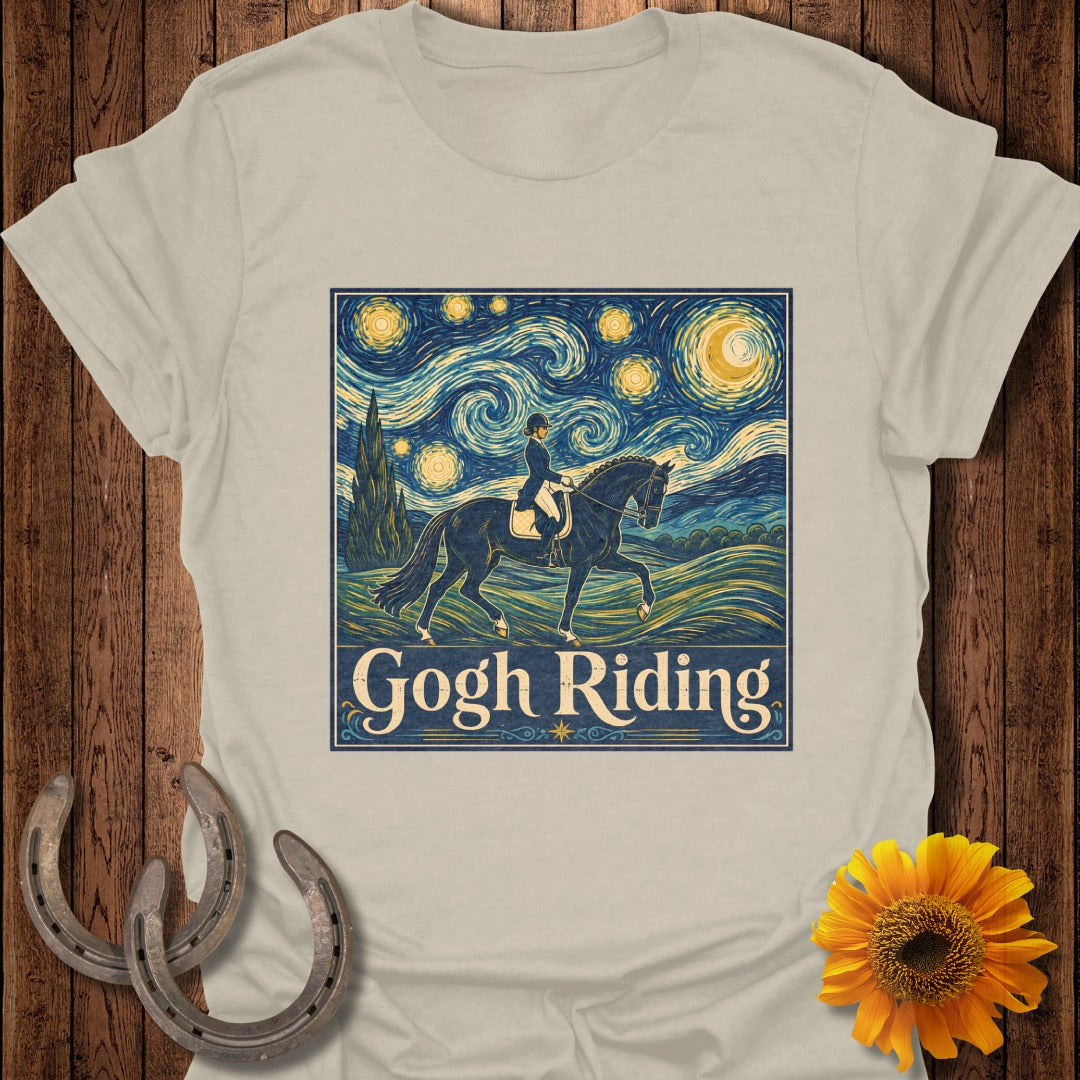 Equestrian rider on a horse beneath a Van Gogh-style starry night sky with text "Gogh Riding."