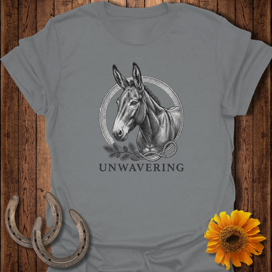 Mule head in a circular rope border with "UNWAVERING" text below.