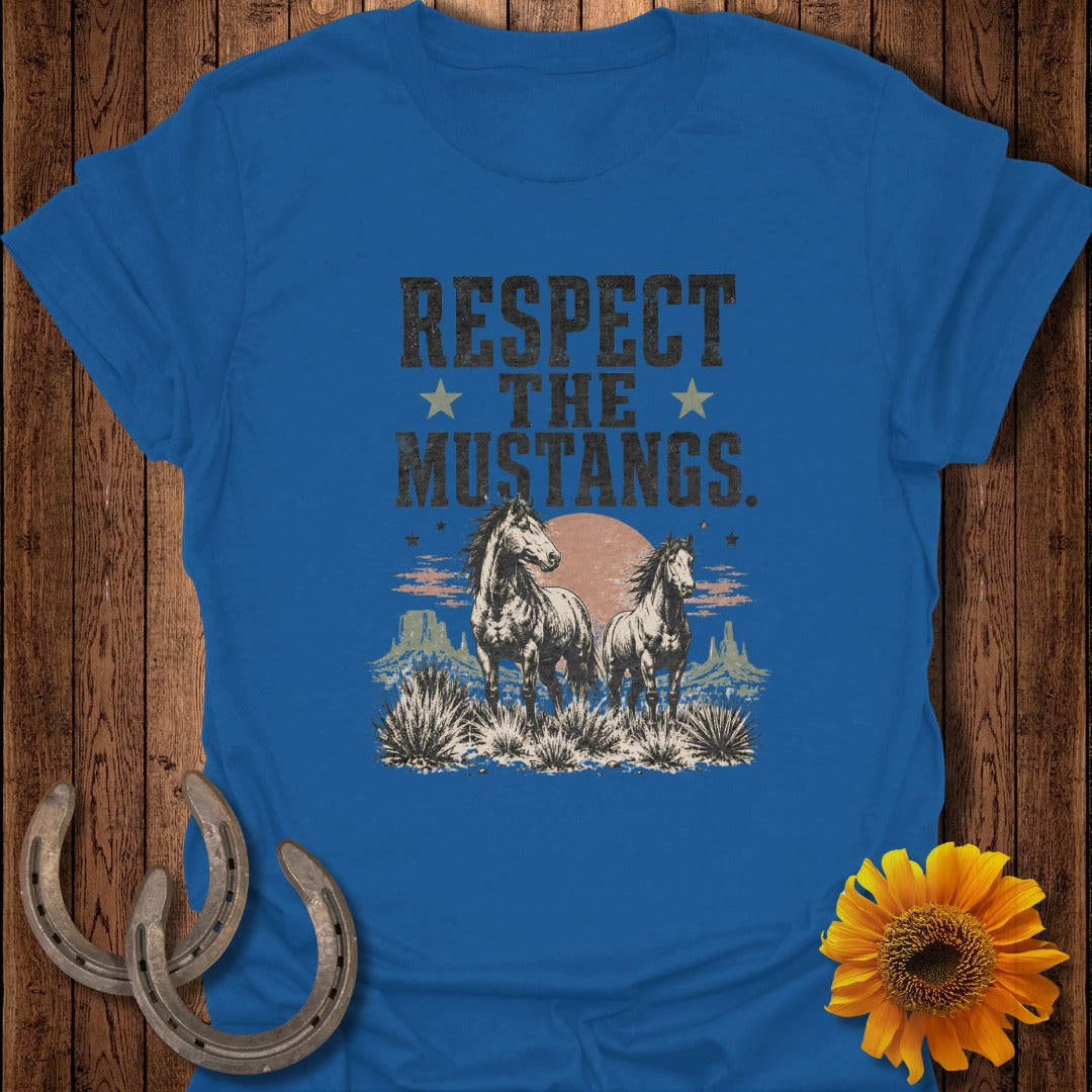 Blue t-shirt with "Respect The Mustangs" text and two horses in a desert landscape.