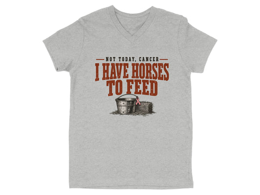 Grey v-neck t-shirt with text and horse feeding graphics.