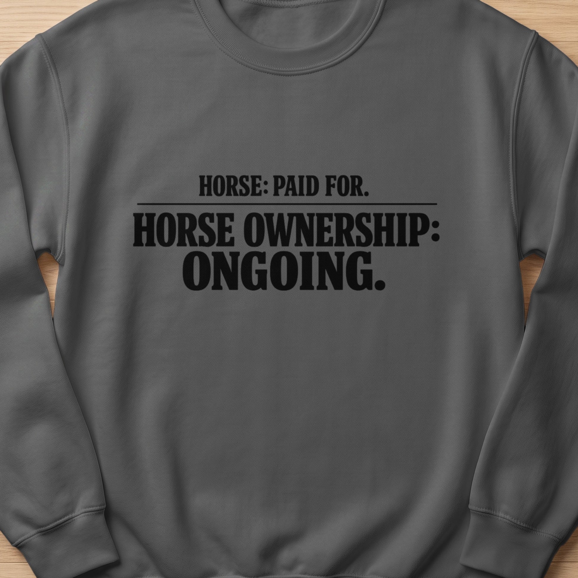 Dark grey sweatshirt with black text: Horse: Paid For. Horse Ownership: Ongoing.