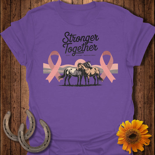 Purple t-shirt with "Stronger Together" text, two horses, and pink ribbons.