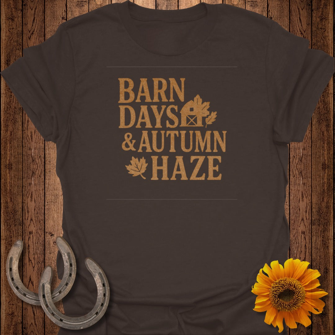 Brown t-shirt with gold text "Barn Days & Autumn Haze" and autumn graphics.