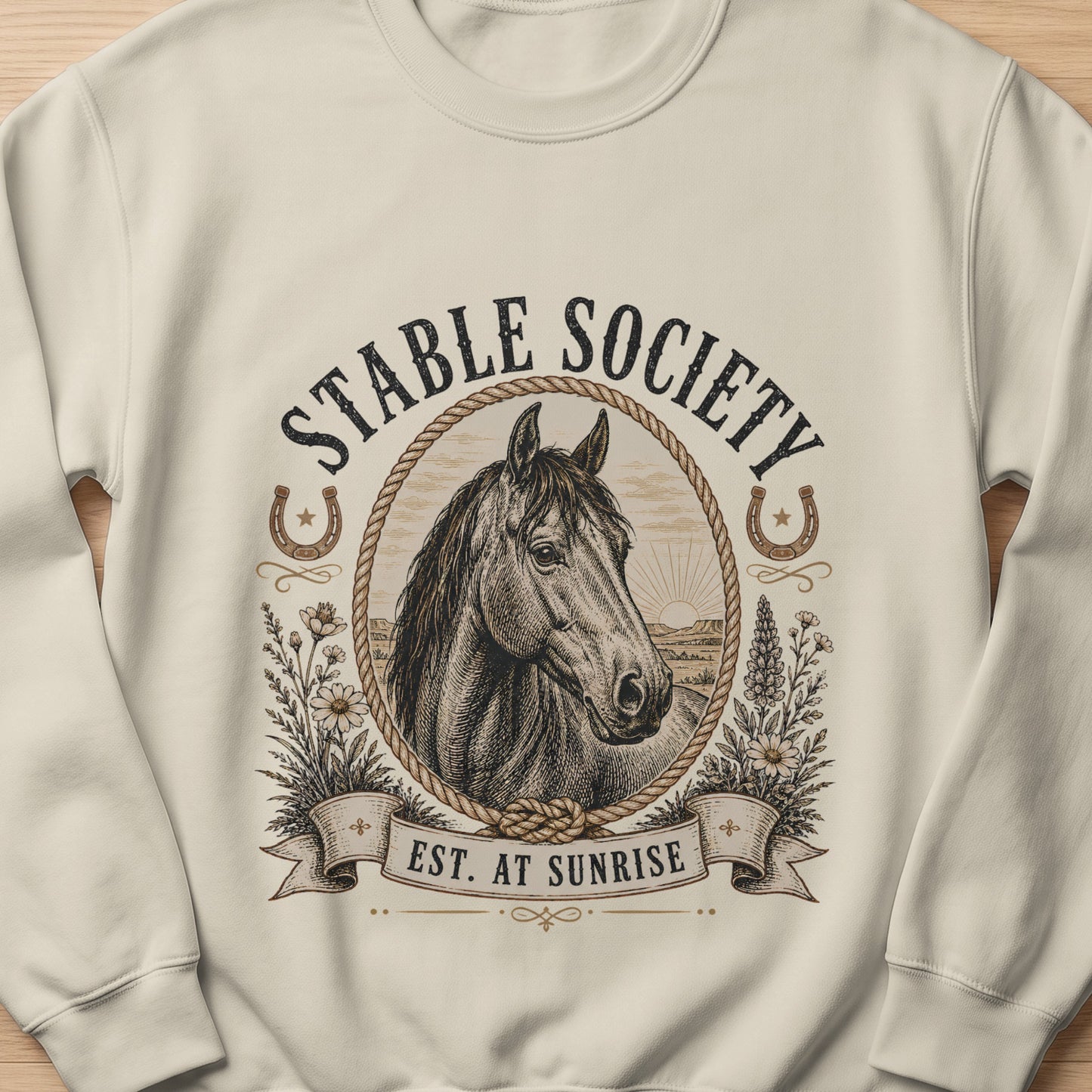 Cream sweatshirt with vintage horse, horseshoe, and "Stable Society Est. At Sunrise" text graphic.