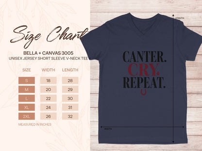 Unisex v-neck tee size chart with BELLA + CANVAS 3005 details and "CANTER. CRY. REPEAT." graphic.
