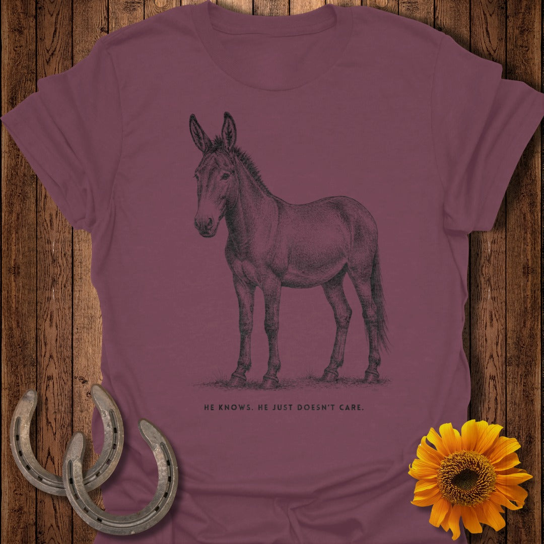 Mule illustration with text "HE KNOWS. HE JUST DOESN'T CARE." on a maroon t-shirt.