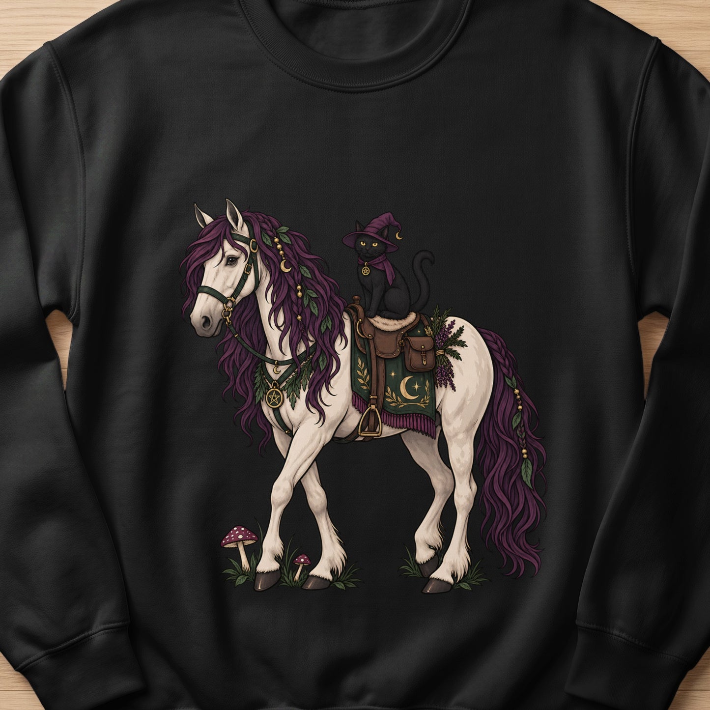 White horse with purple mane and a black cat wearing a witch hat.