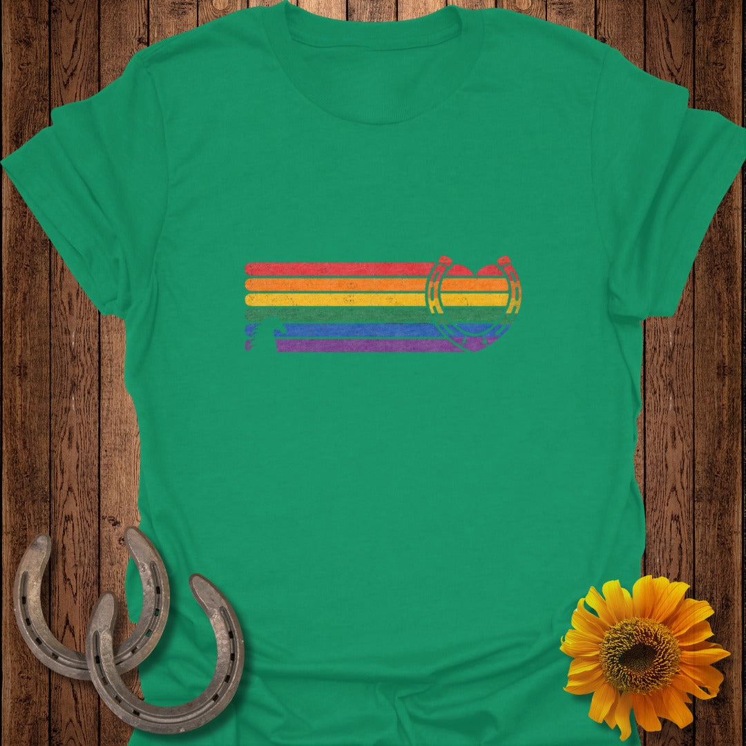 Green t-shirt with distressed rainbow horseshoe graphic.