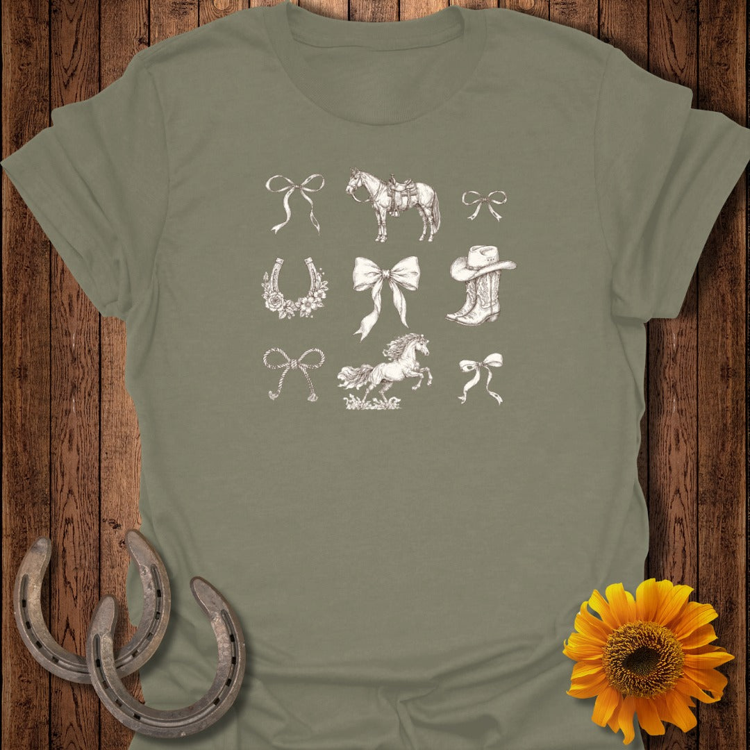 T-shirt graphic with horses, bows, horseshoes, and a cowboy boot.