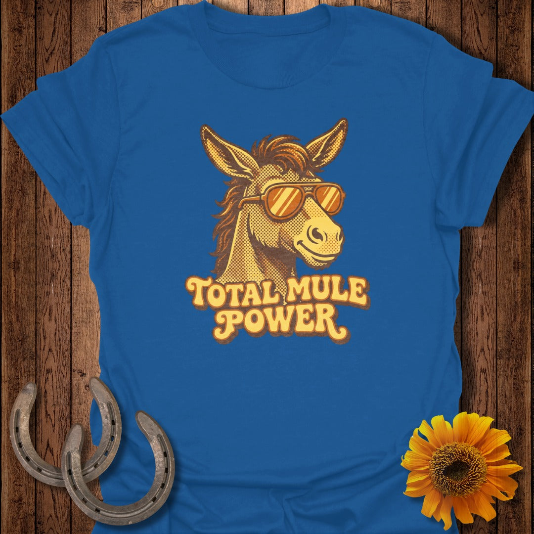 Blue t-shirt with "Total Mule Power" and a cartoon mule wearing sunglasses.