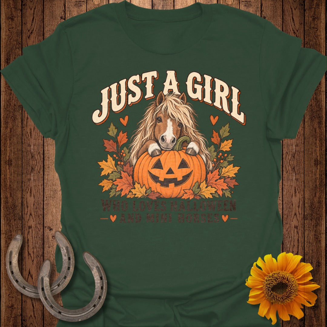 T-shirt graphic: pony in pumpkin, "Just a Girl Who Loves Halloween and Mini Horses."