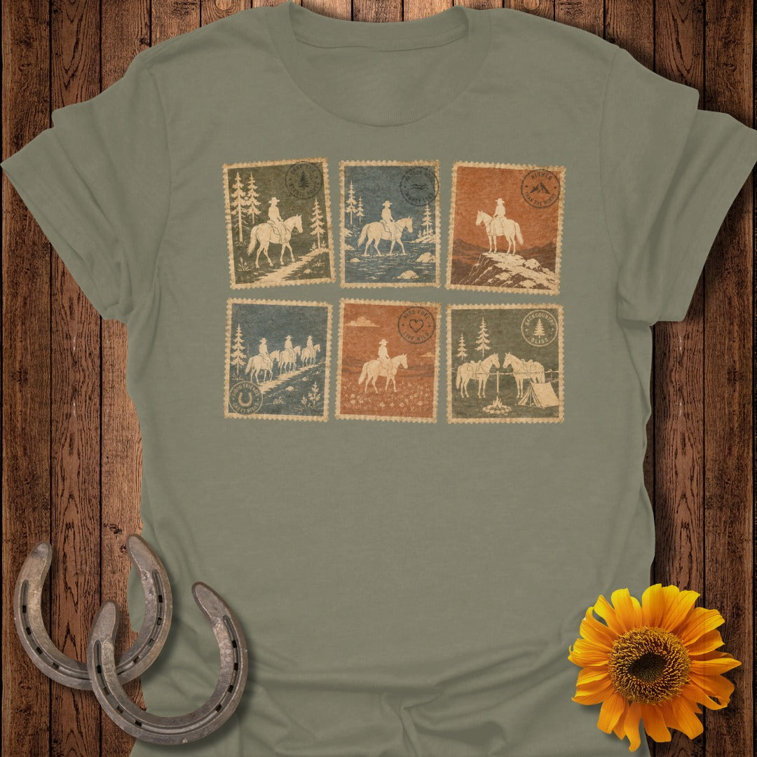 Six vintage postage stamp designs featuring horses and nature scenes on a t-shirt.